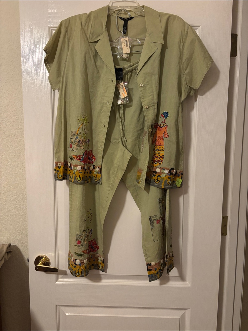 Soma Festival Keandra 2-Pc Cotton PJ Set Olive Oil Embroidered Safari Sz 2 M NWT